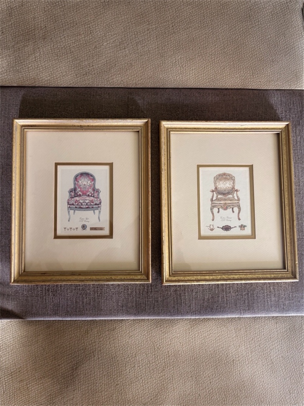 Vintage Framed Chair Illustration Prints 2 Ornate Gold Frames Empire Style MCM